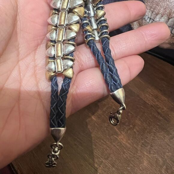 Lucky Brand Two Tone NAVY BLUE Leather Corded Bracelet Toggle metal festival - Picture 4 of 5